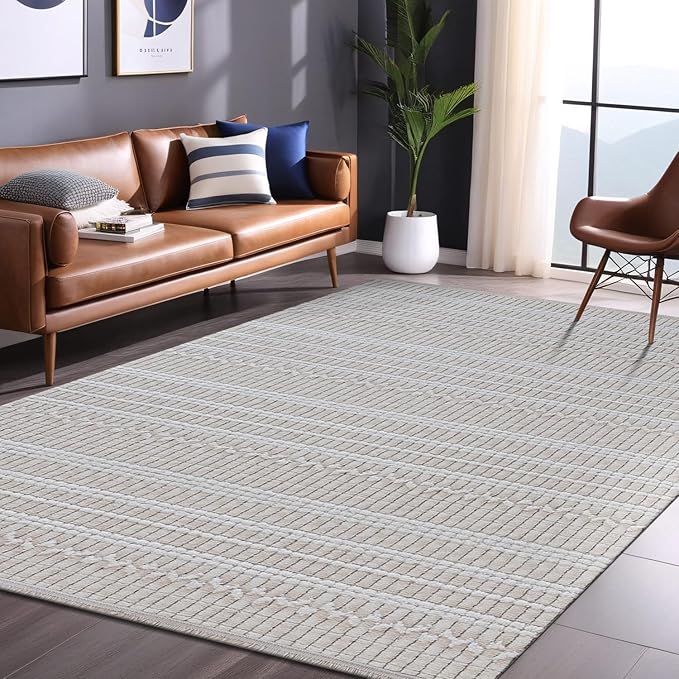 Modern Indoor Rug Stripe 9x12 Area Rugs for Living Room Luxury Kitchen Bedroom Durable Soft Geometric Durable Low and High Pile Stain Resistant Non Shedding Area Carpet 9x12