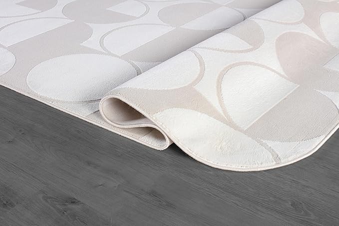 Beverly Rug Modern Geometric Area Rug 5x7 Low-High Pile Durable Soft Abstract Circular Indoor Rugs for Living Dining Room Office Stain Resistant Non Shedding Casual Indoor Carpet Beige White 5 x 7