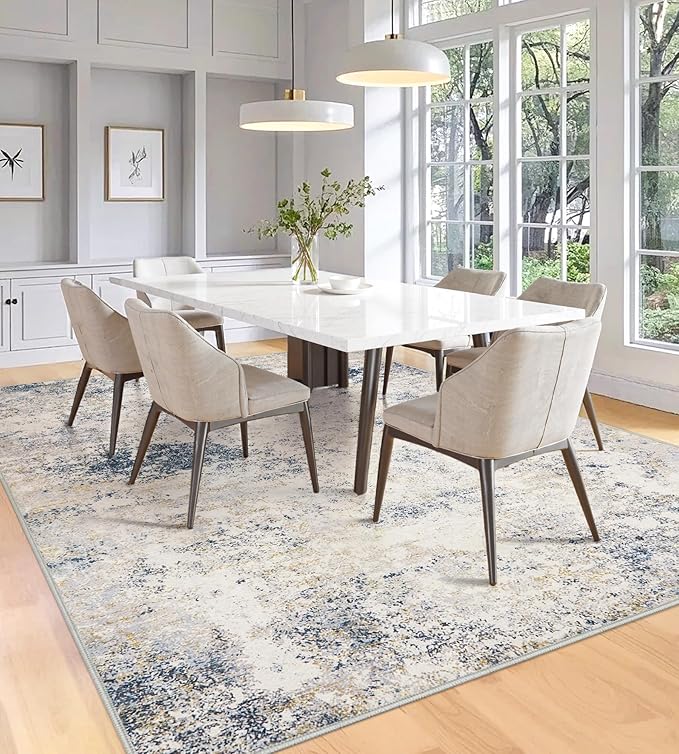10x14 Washable Area Rugs - Modern Abstract Large Rugs for Living Room Non-Slip Low Pile Soft Machine Washable Carpet for Bedroom, Under Dining Table, Nursery, Farmhouse (10'x14' Beige Blue)
