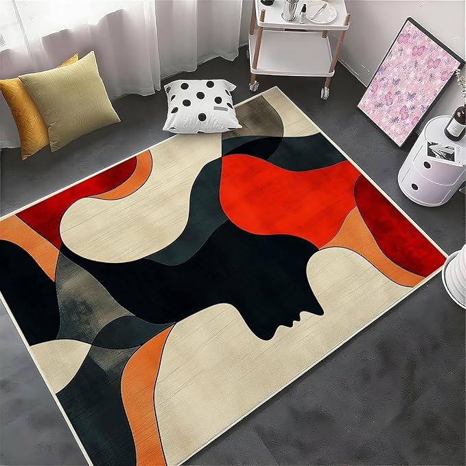 8x13 Abstract Rug, Abstract Area Rug, Geometric Area Rugs, Modern Geometric Rugs, Minimalist Face Carpet, Contemporary Carpet for Living Room, Non Slip & Faux Cashmere Low Pile
