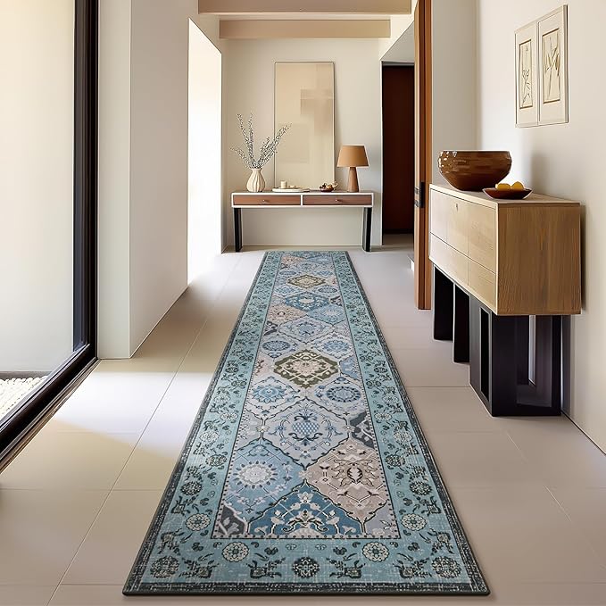 Phantoscope Washable Runner Rug 2'x10' Non-Slip, Vintage Boho Hallway Rugs for Entryway, Stair, Bedroom, Distressed Moroccan Mosaic Diamond Pattern, Low-Pile Foldable Floor Carpet, Blue Teal/Neutral