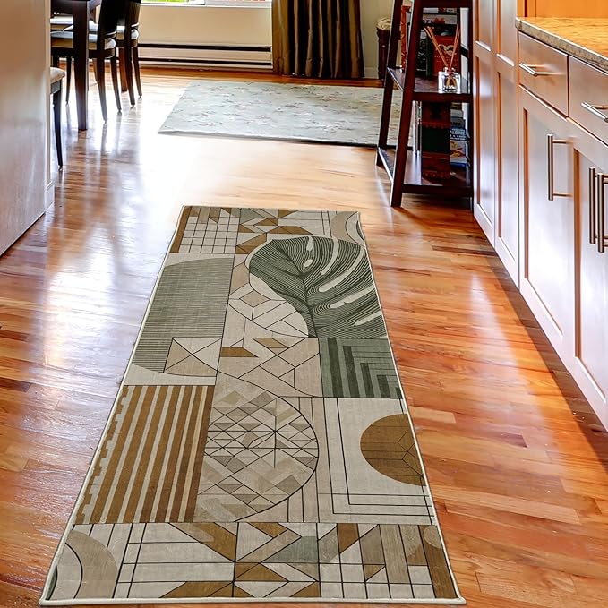 Ambesonne Mid Century Modern Boho Decorative Rug, Monstera Leaf Geometric Grid Ornaments and Circles, Quality Carpet Bedroom Dorm and Living Room, 2' 5" x 7' 5", Tan Ginger and Laurel Green