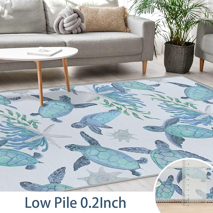 Tritard Coastal Sea Turtles Area Rugs Beach Themed Nautical Starfish Coral Accent Rugs Non-Slip Sea Marine Life Rugs Floor Carpet for Living Room Bedroom, Teal, 5x7 Feet