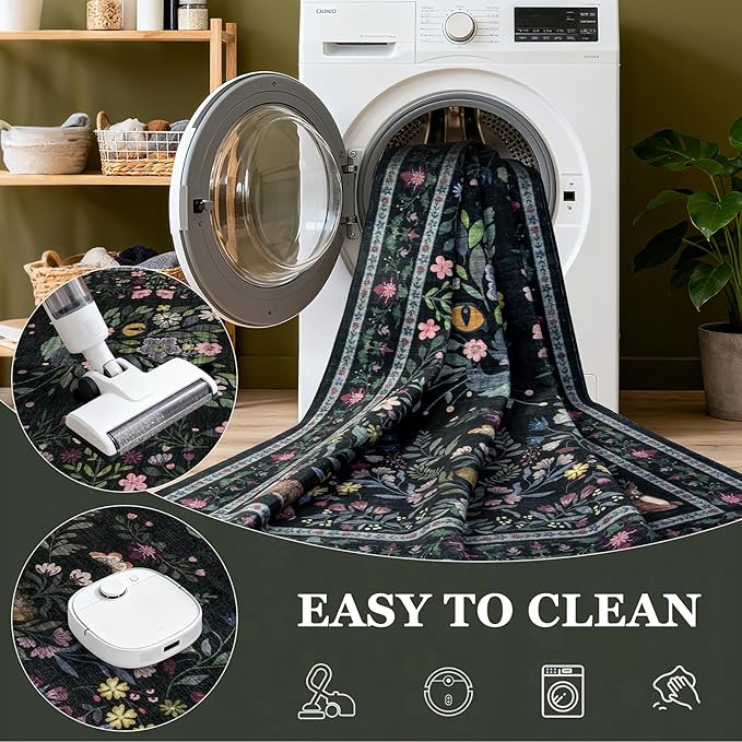 8x10 Area Rugs Living Room Rug: Vintage Washable Rug Floral Soft Carpet Indoor Floor Non-Slip Boho Stain Resistant Large Carpets for Bedroom Kids Nursery Dining Room Farmhouse Home Office Black/C02
