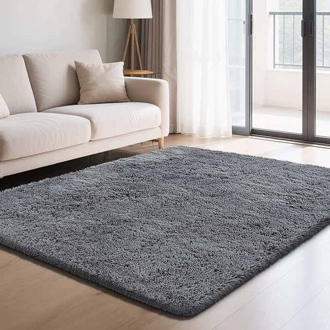 Fluffy Rug Shaggy Area Rug, Dark Grey 5x8 Area Rugs for Bedroom, Small Bedside Rug, Soft Fluffy Shaggy Entryway Throw Rugs for Living Room Bedroom Kids Room Home Decor