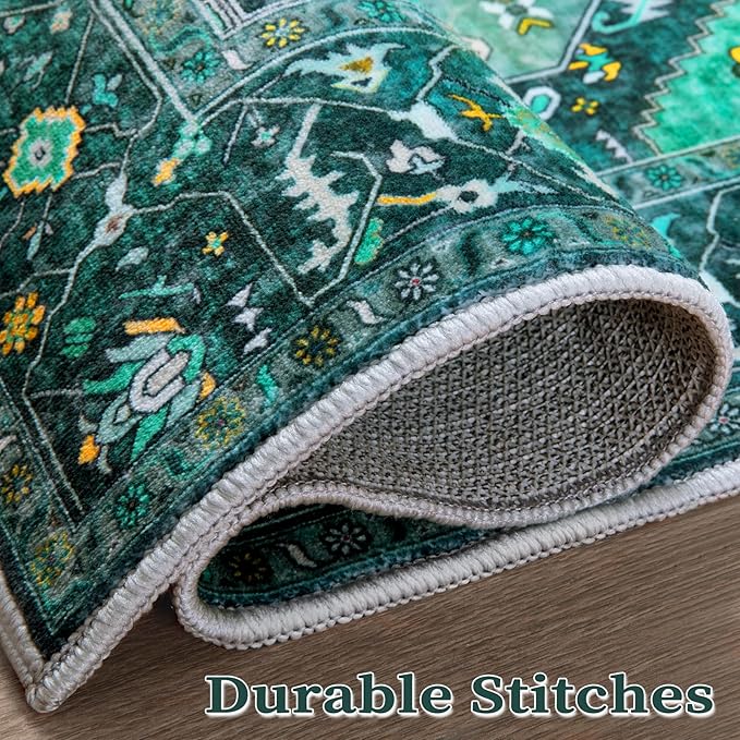 SERISSA Area Rug 3x5 Boho Teal Rugs for Bedroom, Washable Kitchen Rugs Non-Slip, Ultra Soft Print Distressed Tribal Entry Rug Low-Pile Throw Rug Carpet for Bedroom Nursery Living Room Dorm Decor