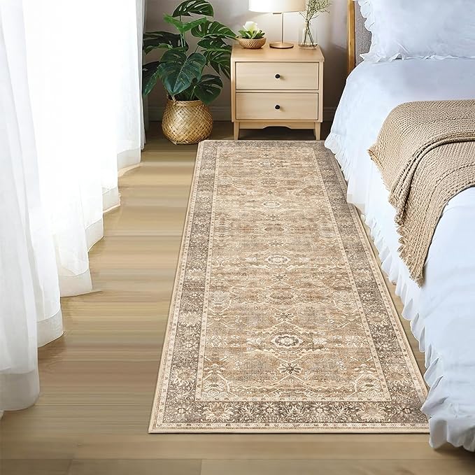 2x8 Runner Rug Beige Vintage Washable Runner Rugs for Hallway Kitchen Low Pile Non-Slip Retro Distressed Accent Throw Carpet for Entryway Bathroom Bedroom Beige