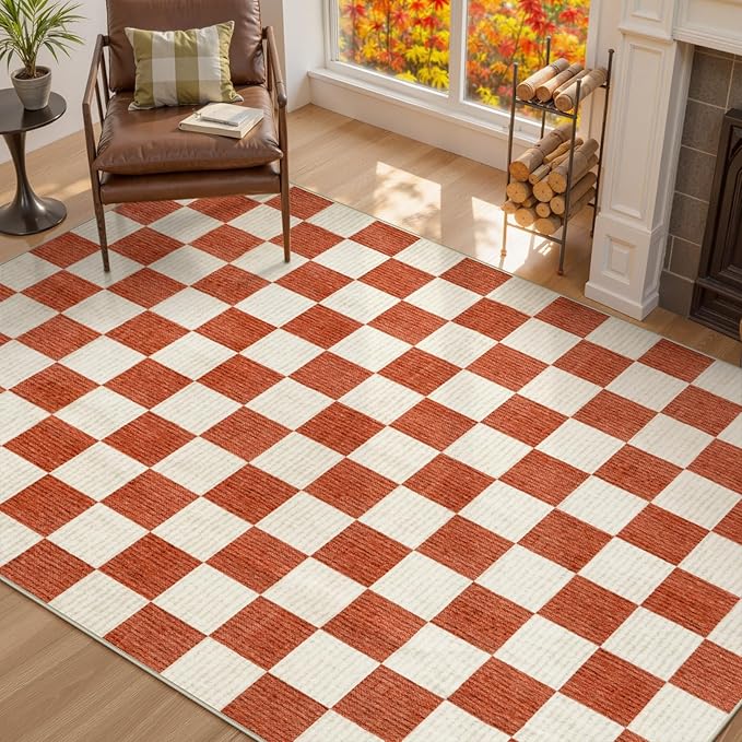 Machine Washable 5x7 Area Rugs for Living Room Checkered, Non Slip Soft Low Pile Farmhouse Halloween Modern Neutral Playroom Boys Rugs for Bedroom, Large Carpet Rugs for Dining Room(Orange,5'x7')