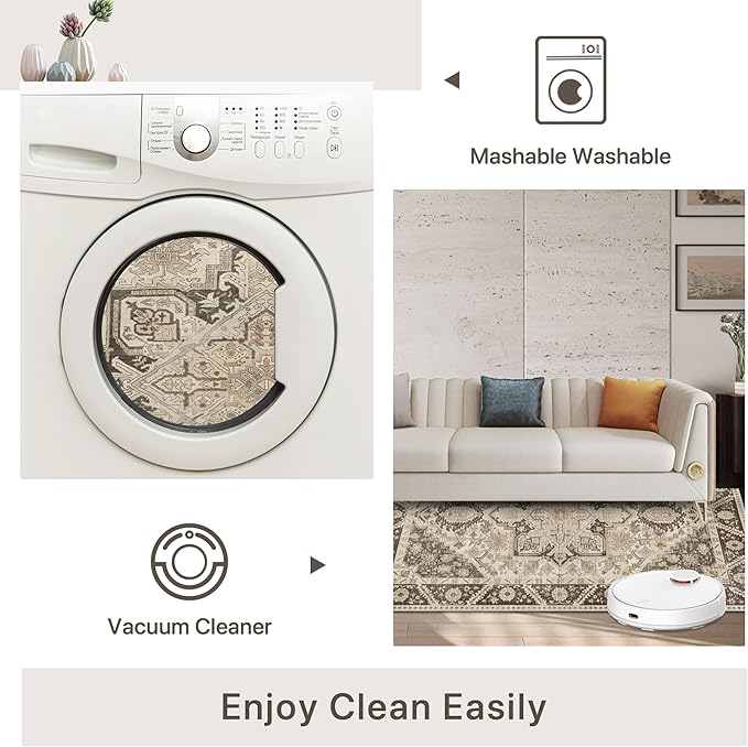 5x7 Area Rug Machine Washable Boho Rug for Living Room,Ultra-Thin Low Pile Carpet,Lightweight Indoor Printed Rug,Non Slip Floral Area Rug for Bedroom, Dining Room, Home Office,Brown