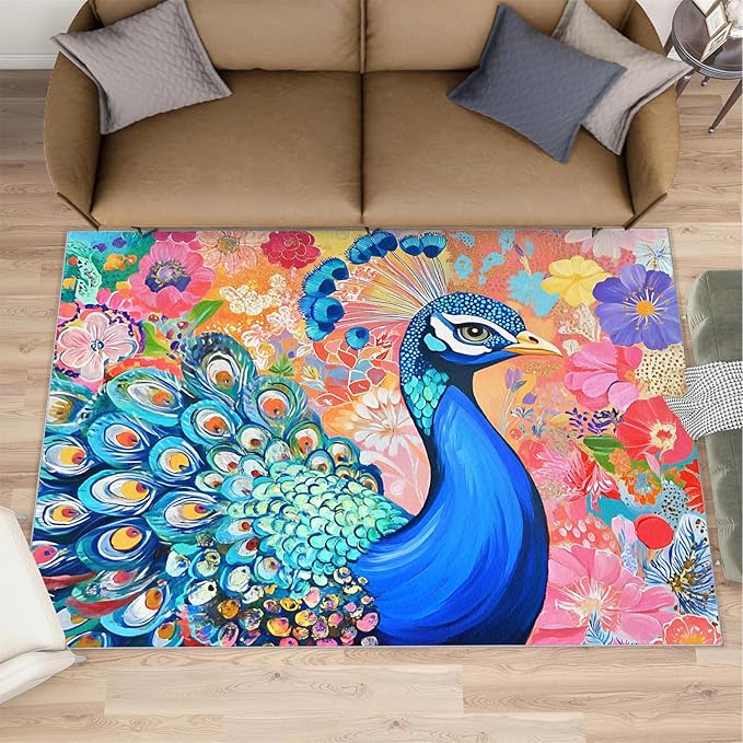 Peacock Area Rug 2x3-2x3 Rug, Boho Floral Rugs for Living Room, Colorful Carpet, Oil Painting Art Washable Area Rugs for Bedroom, Aesthetics Carpet - Peafowl Home Decor & Gifts
