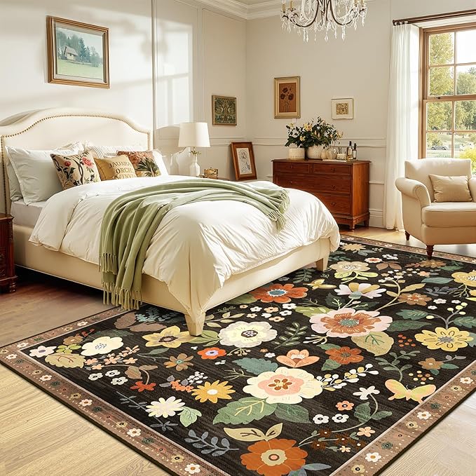 Floral 5x7 Area Rug Machine Washable Soft Print Boho Carpet Non Slip Doormat Low Pile Flower Area Rugs for Living Room Bedroom Nursery Kitchen Dining Room Indoor-Black/Yellow/Red