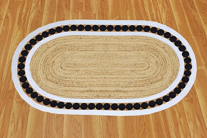 Flatweave Runner 2x6 Oval Kilim Jute Runner Hand Braided Jute Thick 0.27" Solid Pattern Black Beige Natural Oval Handmade Boho Indoor Outdoor Rugs for Kitchen Enterway