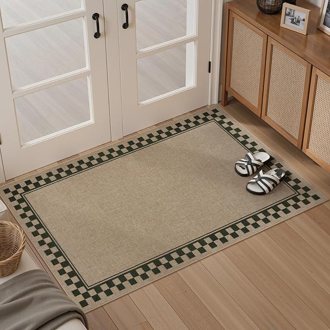 OJIA Easy Jute 3x5 Washable Rugs for Entryway, Farmhouse Checkered Indoor Door Mat Non-Slip Indoor Outdoor Rugs Modern Patio Rug Front Door Mat Outside Entrance Throw Carpet for Entry Porch Decor