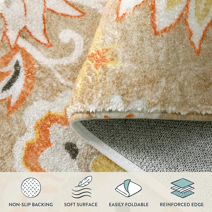 Lahome Floral Washable Living Room Carpet - 3x5 Throw Area Rug for Bedroom Non-Slip Lightweight Indoor Entryway Rugs, Tan Paisley Print Aesthetic Rug for Bathroom Laundry Dining Room Kithchen Office