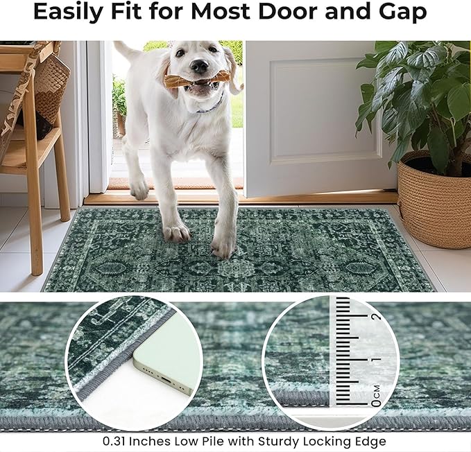 KOZYFLY Runners for Hallways 2x8 Ft Washable Kitchen Runner Rug Boho Entry Rug for Hallways Indoor Printed Faux Wool Long Floor Carpet for Entryway Bedroom Kitchen Hallway, Dark Green