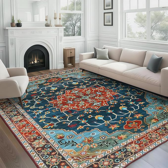 WILLSUN Washable Area Rugs, 9x12 Non-Slip Boho Large Area Rugs for Living Room, Bedroom, Machine Washable Vintage Rug, Indoor Floral Print Carpet for Home Decor, Kid & Pet Friendly Mat