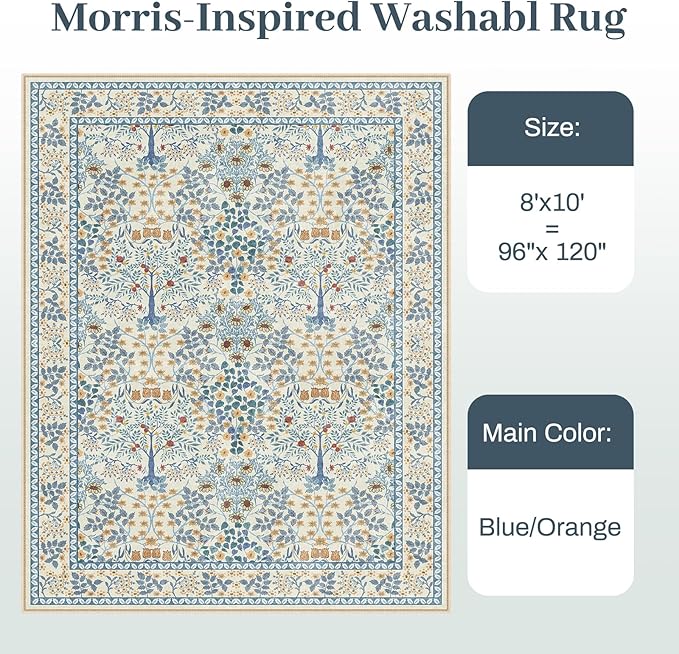 8x10 Area Rugs Living Room Rug - Floral Vintage Forest Washable Carpet, Low Pile Non-Slip Stain Resistance Boho Soft Large Carpet for Bedroom, Dining Room, Office, Farmhouse (8'x10' Blue/Orange)