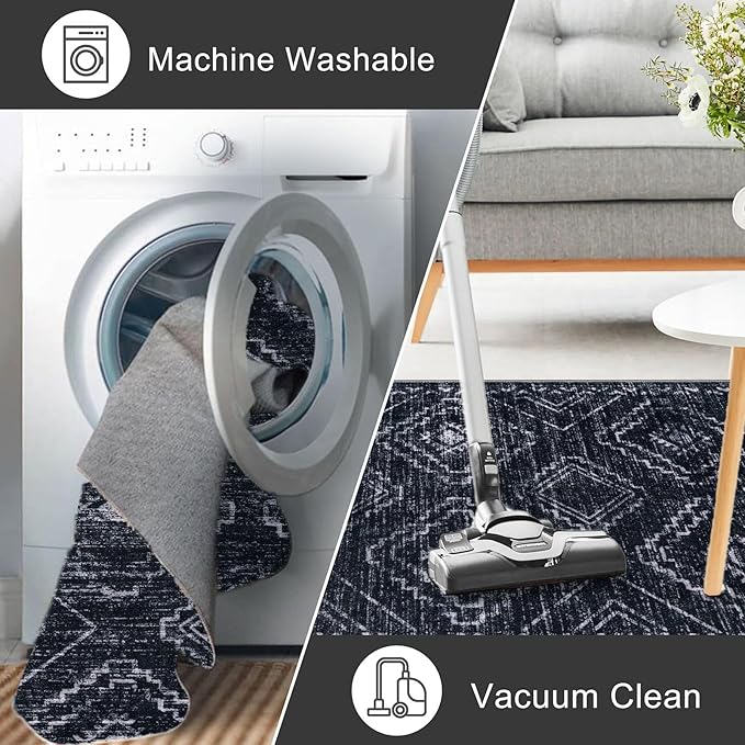 KILOCOCO Boho Kitchen Runner Rug 2x6 Washable Runner Rug, Soft Runners for Hallways Non Slip Printed Distressed Laundry Room Rug, Low-Pile Rug for Entryway/Bedroom/Living Room, Black/Navy