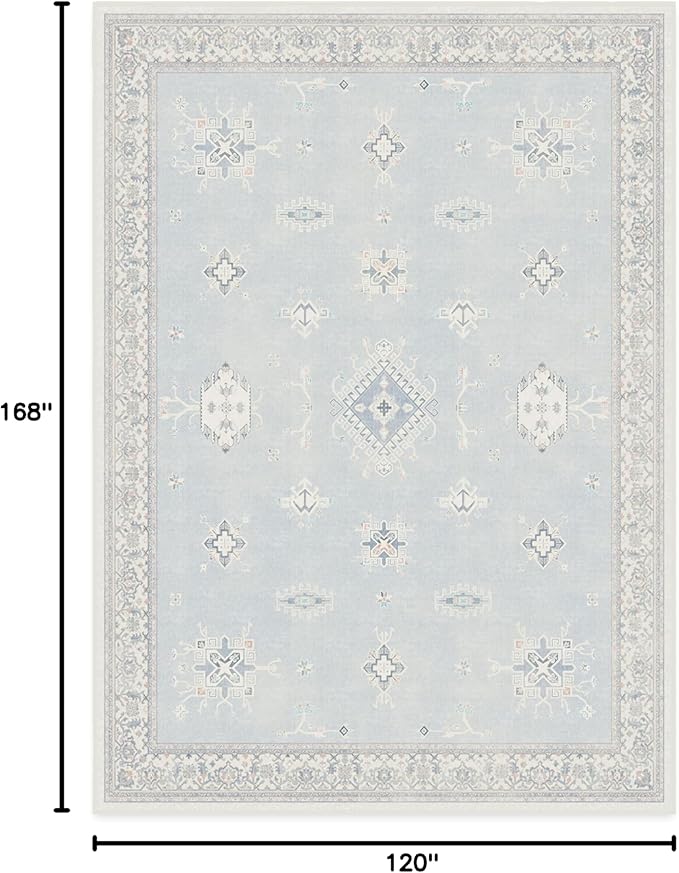RUGGABLE Washable Vintage Area Rug – Verena Soft Blue 10x14, Stain-Resistant, Non-Slip – Large Machine Washable Rugs for Living Room, Bedroom, Hallway, Entryway & Office–with Standard Pad