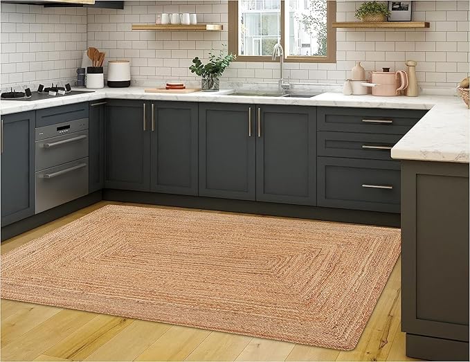 KEMA Jute Braided Area Rug, 6x9 Feet (72x108 Inches) - Rustic Vintage Braided Reversible Rectangular Rug, Shag Rugs for Bedroom, Jute Kitchen, Living Room, Floor