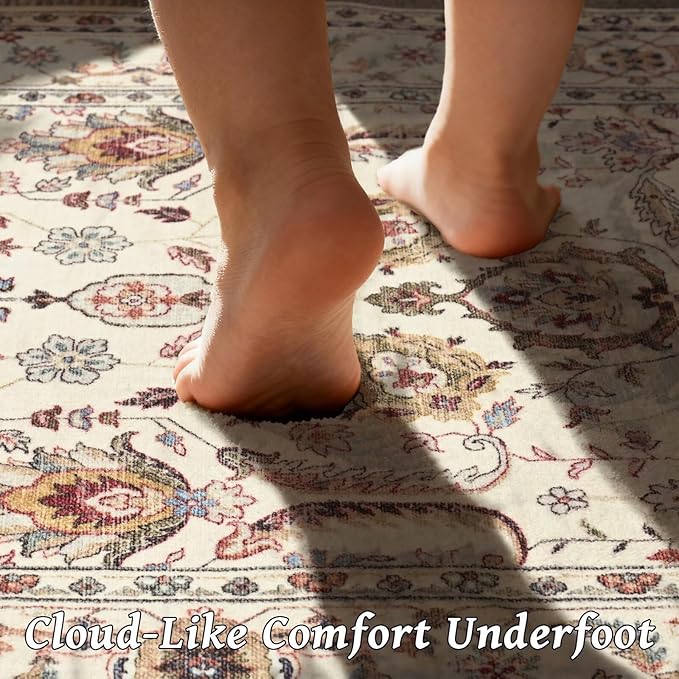 Washable 3x5 Entryway Rug, Boho Non-Slip Vintage Distress Small Rugs for Kitchen Nursery Office Bedroom, 0.3" Neutral Oriental Throw Thin Carpet with Cushioning Pad, Beige/Rust/Green/Multi