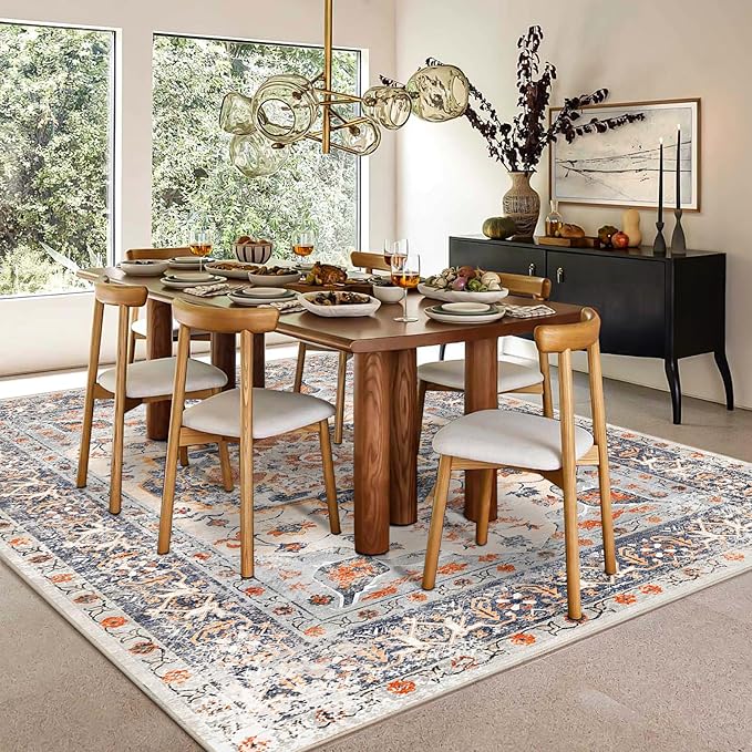 VK VK·LIVING Machine Washable Rug 6'x9' Vintage Design Washable Area Rugs with Non Slip Rugs for Living Room Bedroom Traditional Woven Carpet Stain Resistant, Dining Office Boho Rug, (Bright)