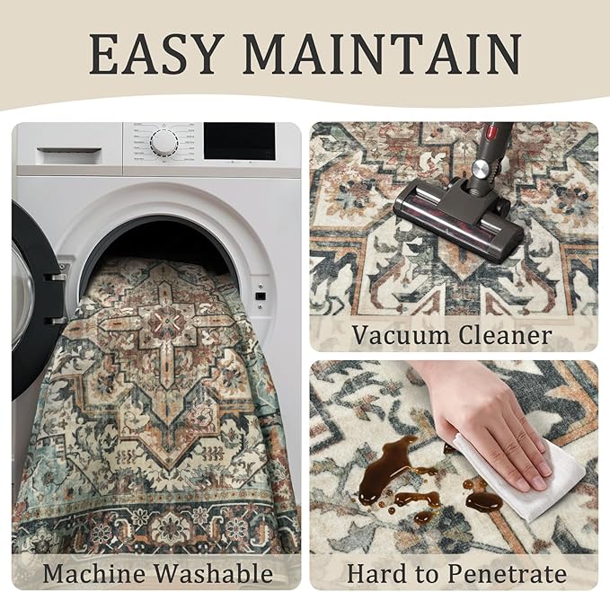 5x7 Machine Washable Area Rug for Living Room, Blue Beige Boho Vintage Floral Rug Large Non-Slip Low Pile Soft Faux Wool Carpet, Kids and Pets Friendly for Bedroom Dining Room Farmhouse Decor Rug