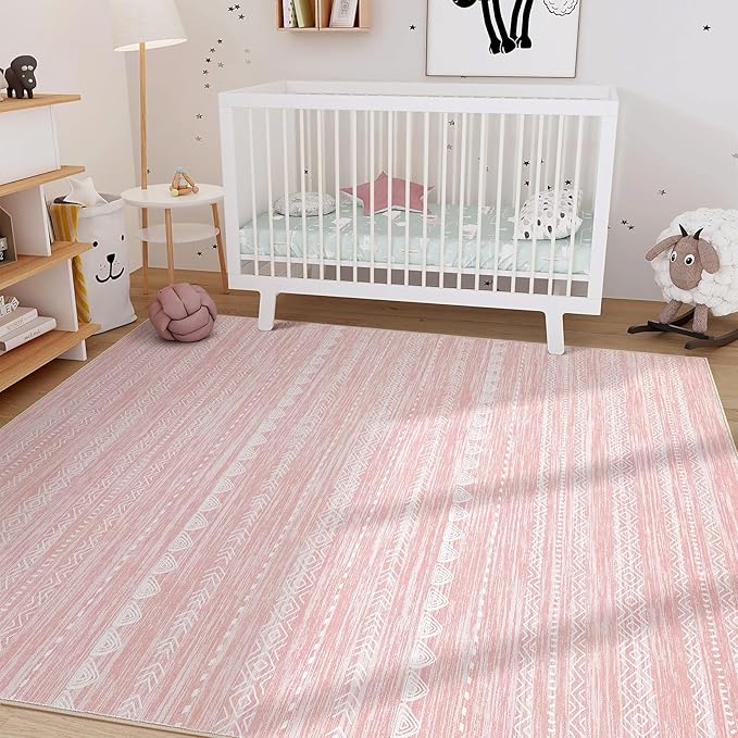 Nakagishi Pink Rugs for Bedroom Girls: 6x9 Washable Boho Large Neutral Cute Soft Area Rug Modern Indoor Floor Non Slip Accent Carpet for Living Room Nursery Kids Playroom Preppy Room Dorm Baby Room