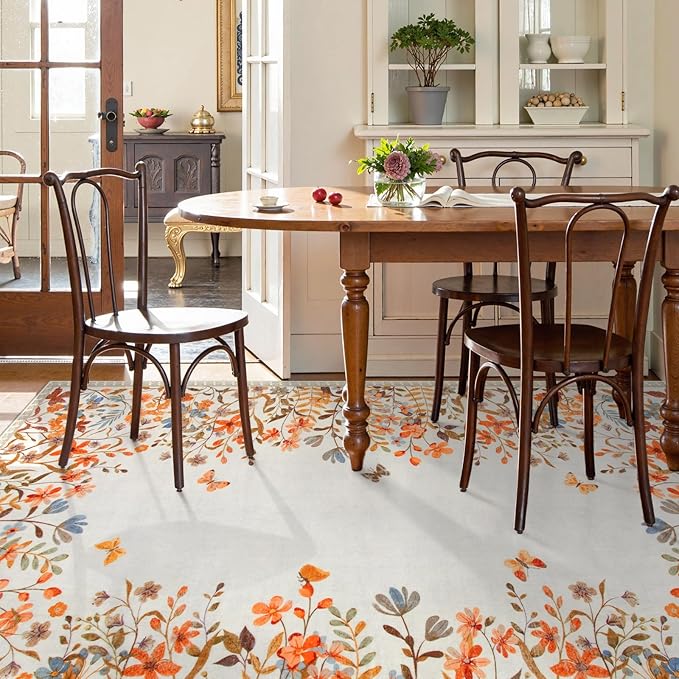 Wonnitar Fall Washable 8x10 Rug for Living Room, Soft Halloween Rug Floral Area Rug for Bedroom, Non Slip Dining Room Botanical Floor Carpet for Kids Nursery Playroom Guest Room (Orange,8'x10')