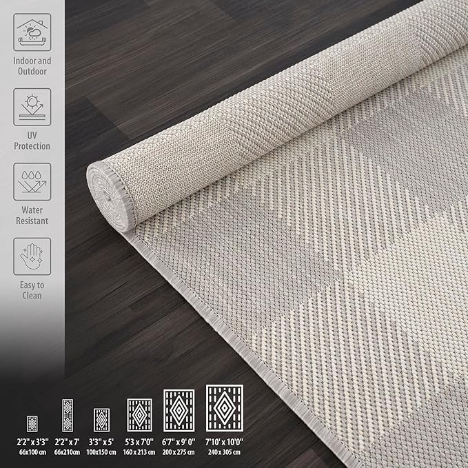 CAMILSON Outdoor Rug - Modern Area Rugs for Indoor and Outdoor Patios, Kitchen and Hallway mats - Easy Cleaning Non Shedding Washable Outside Carpet (6x9, Buffalo - Grey/White)