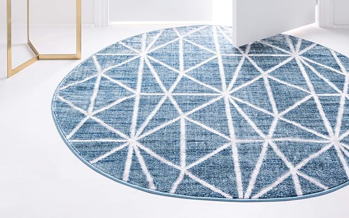 Rugs.com Lattice Trellis Collection Rug – 8 Ft Round Blue Low-Pile Rug Perfect for Kitchens, Dining Rooms