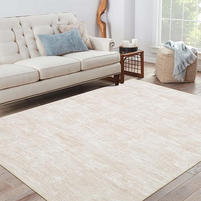 RUGSREAL Area Rug 5x7 Machine Washable Area Rug for Living Room Non-Slip Stain Resistant Modern Abstract Bedroom Rug Contemporary Solid Throw Rug Foldable Accent Floor Carpet for Dining Room, Beige