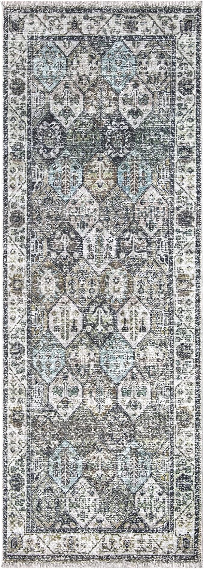 Bloom Rugs Caria Washable Non-Slip 10 ft Runner - Beige/Olive Traditional Runner for Entryway, Hallway, Bathroom, and Kitchen - Exact Size: 2'6" x 10'