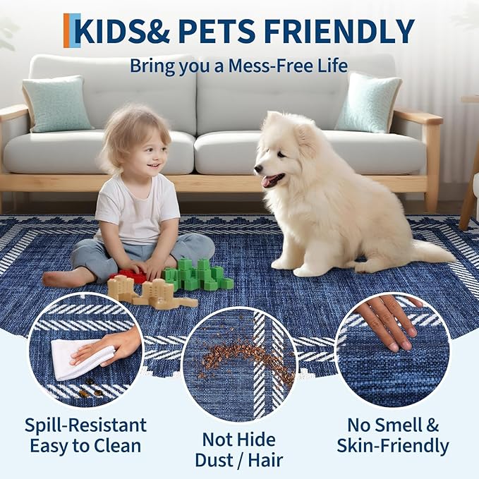 Bordered Printed 10x13 Washable Area Rugs for Living Room Modern Non Slip Foldable Soft Indoor Carpet Geometric Stain Resistant Dining Room Bedroom Large Indoor Rugs, Blue