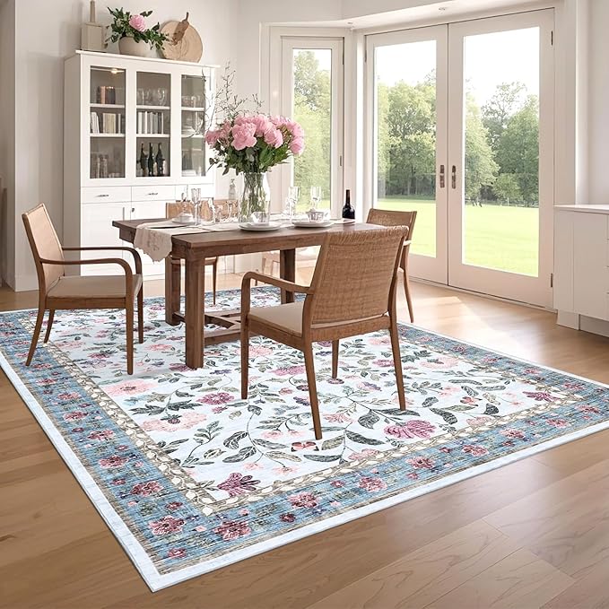 Floral Washable Rug 4x6, Non-Slip Low Pile Botanical Carpet, Vintage Farmhouse Area Rug for Bedroom Nursery Kids Room Home Decor, Light Blue