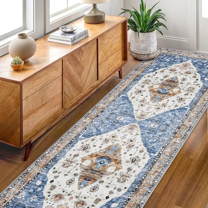 COMSLE Boho Runner Rug, 2 x 7 Ft Washable Area Rugs for Hallway Faux Wool Small Kitchen Distressed Throw Rug Non-Slip Laundry Room Carpet Runner for Entryway Indoor Door Mat Bedroom