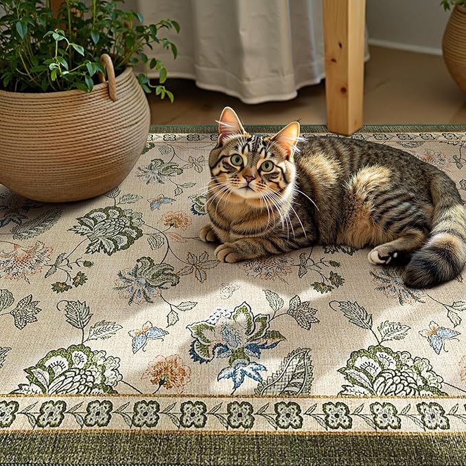 jinchan Elora 2x3 Floral Rug for Entryway Washable Kitchen Rug Vintage Romance Design Small Mat Non Slip Indoor Doormat Lightweight Low-Profile Throw Carpet for Entrance Laundry Room, Green/Beige