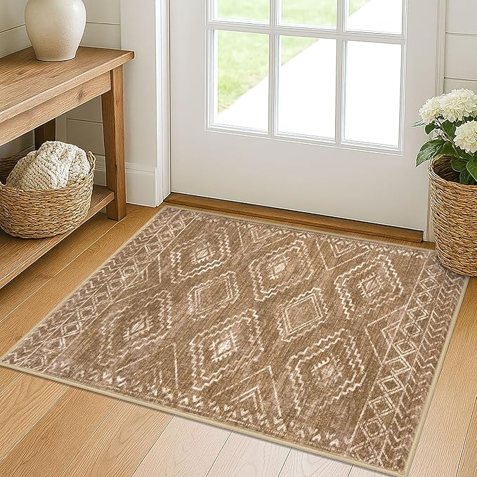 KILOCOCO Boho Entryway Rug 2x3 Printed Small Area Rug Indoor Door Mat Machine Washable Kitchen Rugs Super Soft Non Slip Throw Rugs for Bedroom Entrance Geometric Laundry Room, Yellow Brown Orange