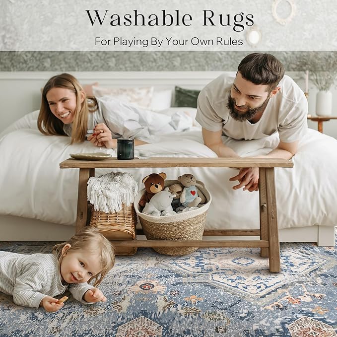 Phantoscope Washable Area Rug 6'x9' Non-Slip, Vintage Neutral Rugs for Living Room, Bedroom, Dining Room, Distressed Boho Geometric Medallion Pattern, Low-Pile Foldable Floor Carpet, Dusty Blue/Multi