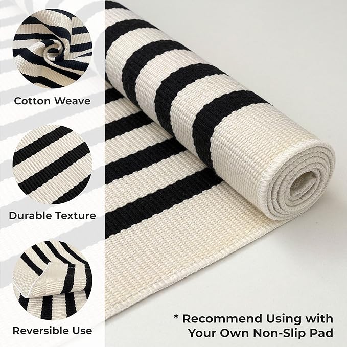 KOZYFLY Black and Beige Striped Rug 8x10 Ft Area Rug Washable Indoor Outdoor Rug Cotton Outdoor Patio Rugs Farmhouse Rugs for Living Room Carpet for Patio Dining Room Bedroom