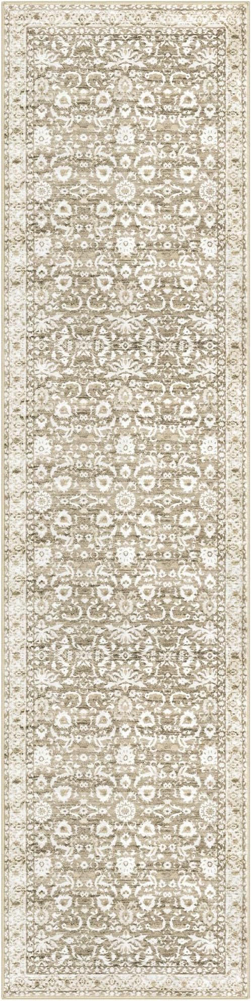Runner Rug 2.6x10, Beige Tan White Washable Long Hallway Rug Runner Non-Slip Soft Kitchen Runner Thin Printed Faux Wool Super Soft Carpet for Entryway Bedroom Laundry Room Indoor Home Decor