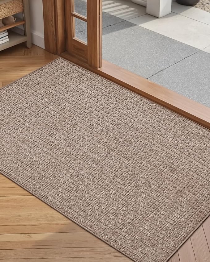Color&Geometry Front Door Mat Indoor Non Slip Rubber Backing, 17"x30" Ultra Thin Entryway Doormat, Soft Absorbent Inside Doormat Washable Easy Clean Rugs for Entryway, Beige (Rolled-up NO Creases)