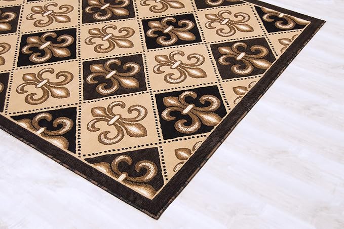 Allstar 8x10 Black Modern Rectangular Accent Rug with Ivory and Mocha Floral Fleur De Lis Diamond Design (8' x 10')
