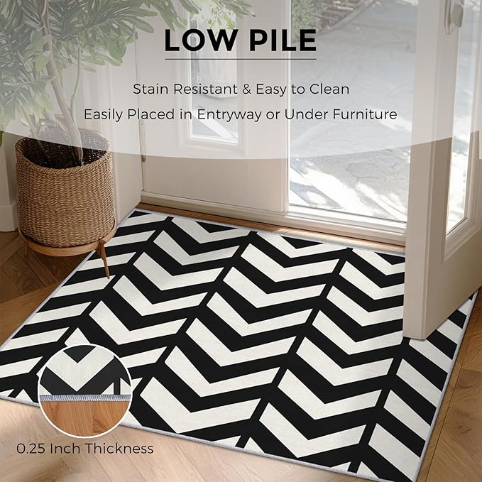4x4 Black and White Chevron Rugs for Bedroom Decor, Washable Chevron Geometric Pattern Area Rug, Living Room Home Decoration, Non Slip Soft Thin, Modern Zigzag Decor Carpet PF-P 49