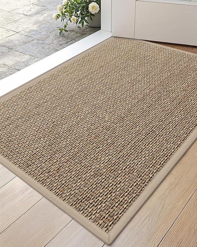 DEXI Ultra Thin Entryway Indoor Door Mat 24x36, Non Slip Rubber Backing Inside Entry Mat, Low Profile Easy Clean Dirt Trapper Doormat for Inside Entrance Patio, Beige