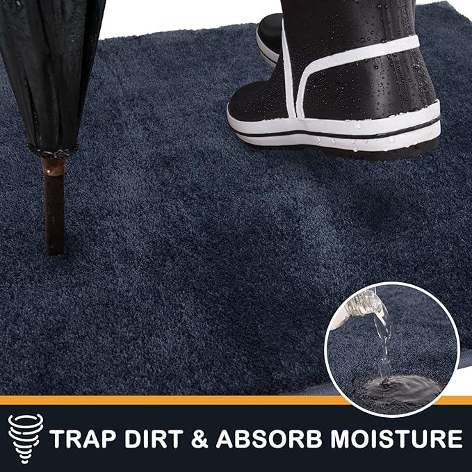 PURRUGS Dirt Trapping Door Mat 31.5" x 47", Non-Slip Machine Washable Entry Rug, Shoe Scraper, Dog Doormat, Super Absorbent Welcome Mat for Front & Back Door, Muddy Shoes & Paws, Navy Blue