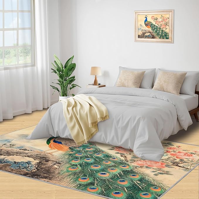 Peacock Peony Flower Area Rug 3x4-3x4 Rug, Classic Peacock Peony Rugs for Living Room, Oriental Carpet, Floral Animal Washable Area Rugs for Bedroom, Aesthetics Carpet - Peafowl Home Decor & Gifts