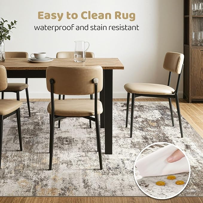 7x9 Area Rug Living Room: Washable Large Abstract Neutral Modern Soft Rugs Stain Resistant Indoor Floor Non-Slip Accent Carpet for Bedroom Nursery Playroom Dining Room Office Dorm Home- Brown Yellow
