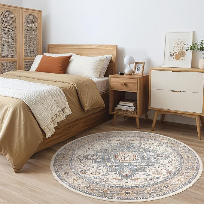 Round Rug Living Room Rugs: 6Ft Washable Boho Neutral Large Circle Soft Indoor Distressed Stain Resistant Floor Farmhouse Carpet for Bedroom Nursery Kids Playroom Office Dining Room Dorm- Beige Blue