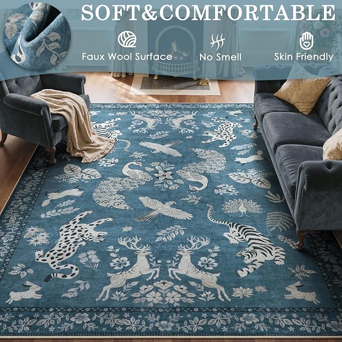 Moynesa Animal Area Rugs 8x10, Washable Luxurious Vintage Boho Blue Area Rug for Living Room Bedroom Dining Room Office Playroom, Foldable Low Pile Soft Non-Slip Carpets for Indoor